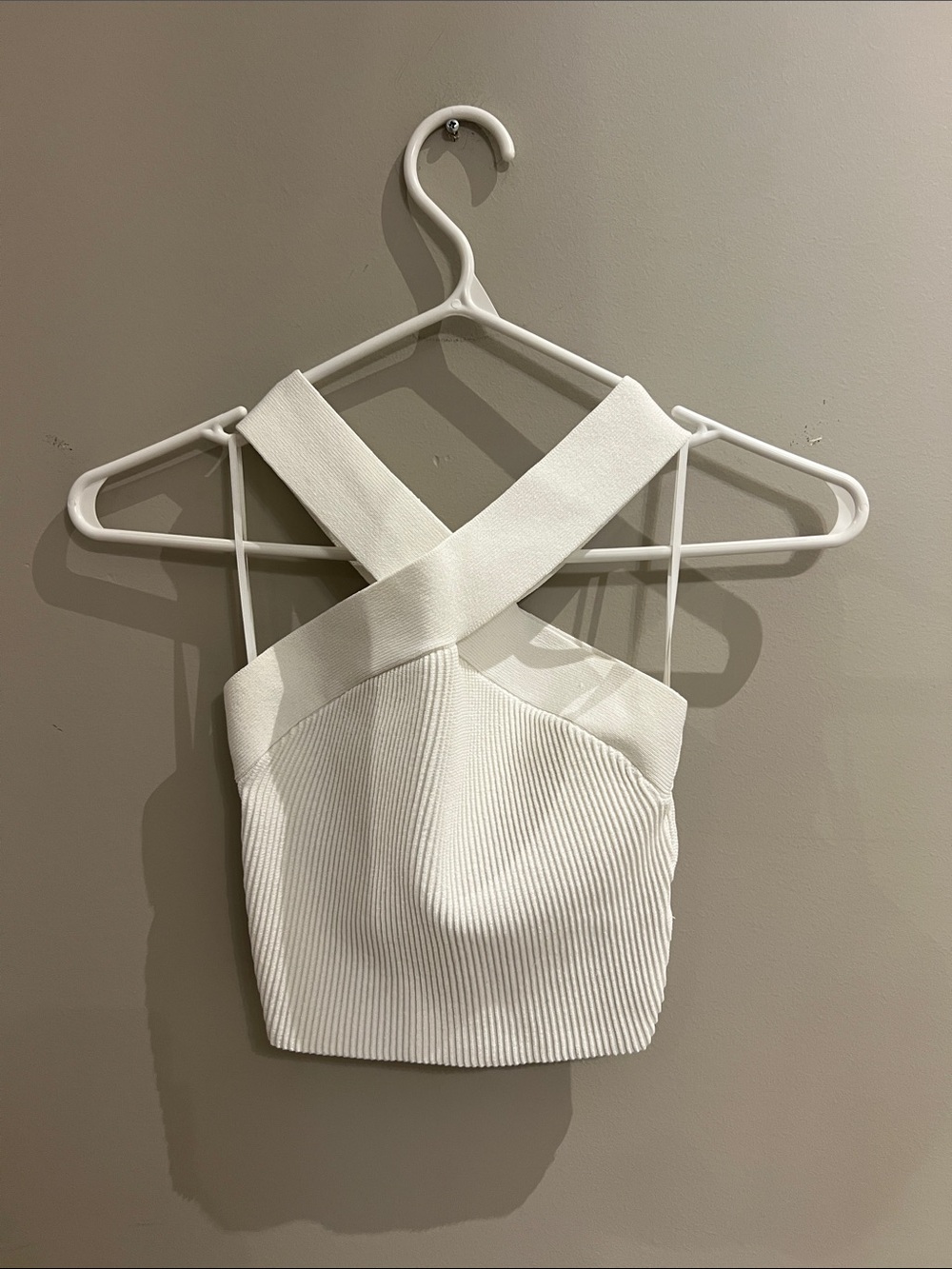 Babaton Ivory Ribbed Cross-Strap Crop Top